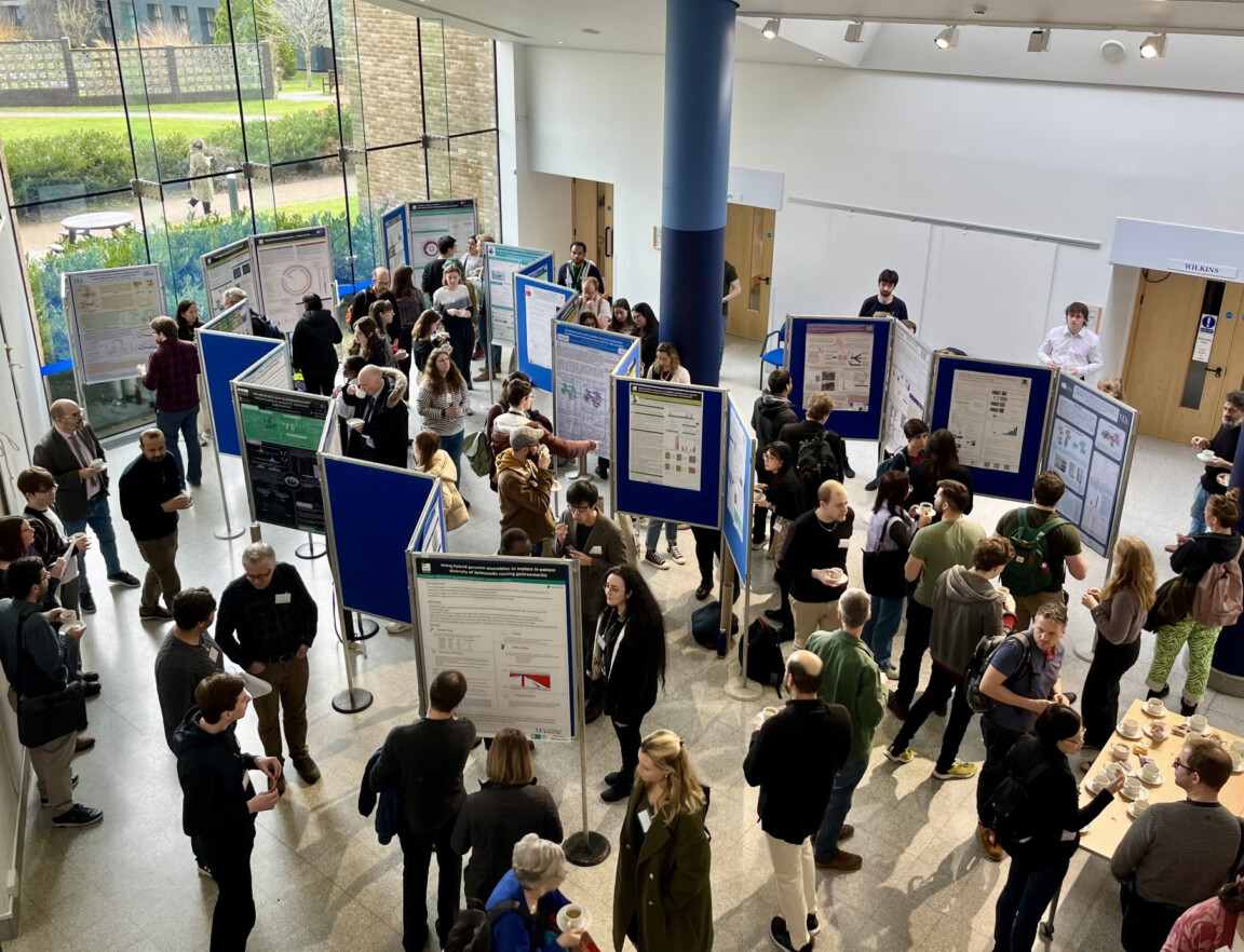 Large group of people networking and looking at research posters