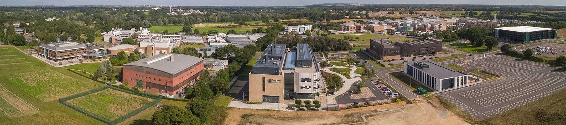 Aerial view of all the Norwich Research Park buildings and facilities
