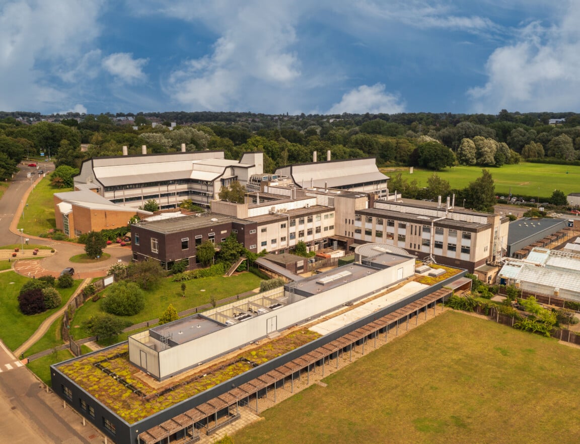 Aerial view of the John Innes Centre and The Sainsbury Laboratory buildings
