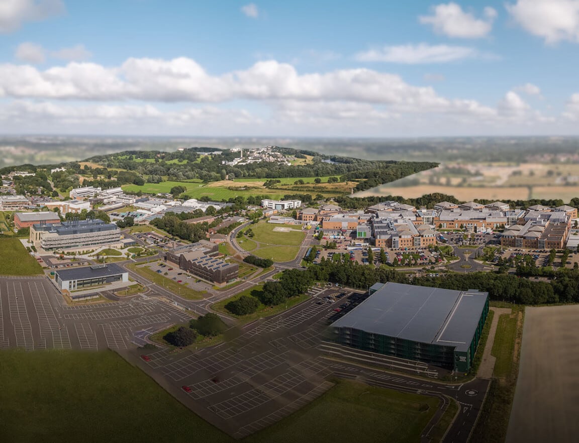 Aerial view of all the Norwich Research Park buildings and facilities