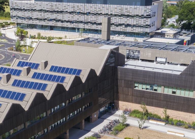 Aerial view of the Bob Champion Research and Education building and the Quadram Institute building