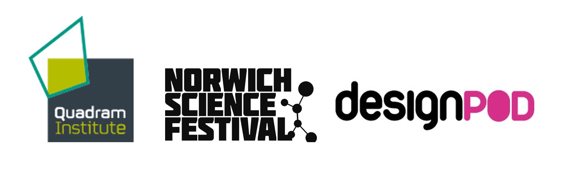 Logos of the Quadram Institute, Norwich Science Festival and DesignPod