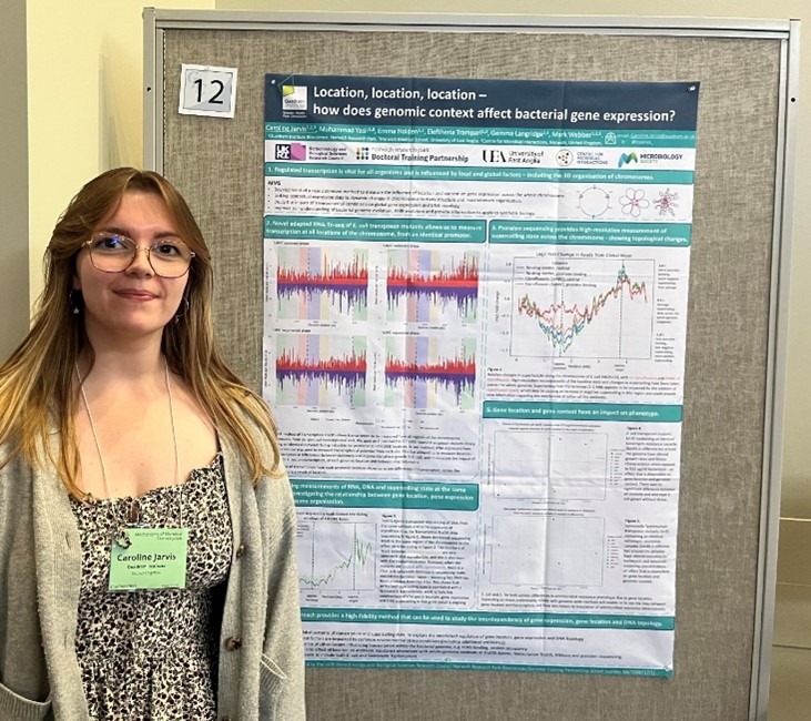 Caroline Jarvis standing in front of her research poster that shows text, graphs and figures