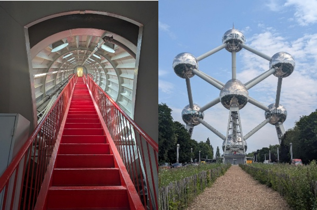 A large red staircase and a wide view of the large silver Atomium structure
