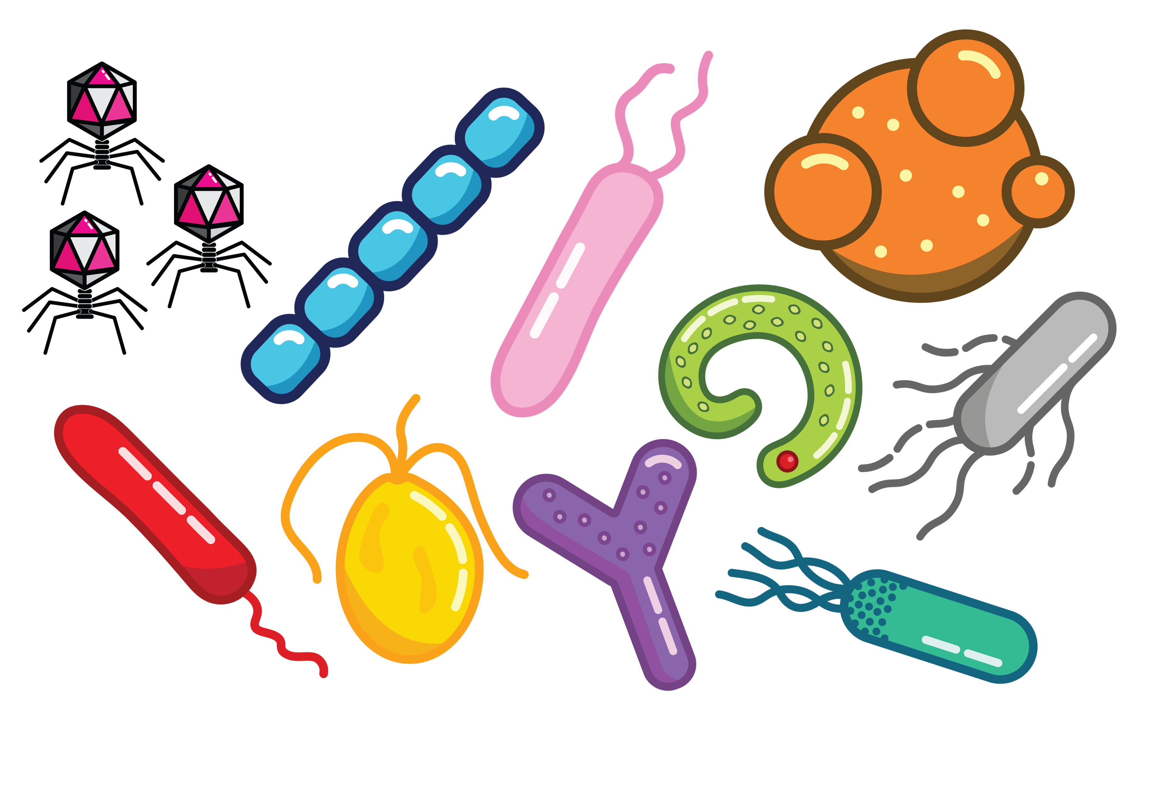 Ten microbe cartoons in a range of different colours