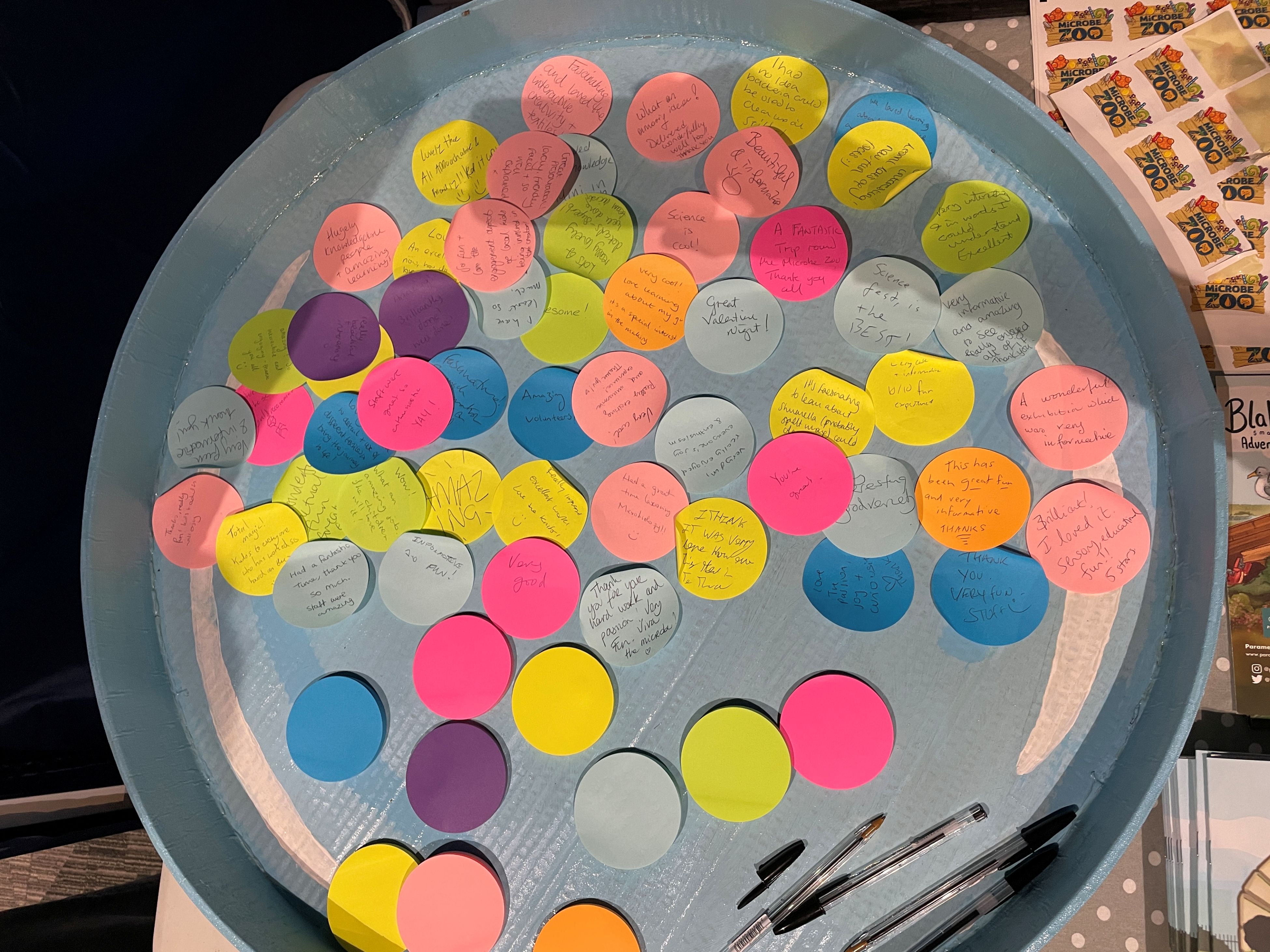 A large model petri dish with colourful post-it notes inside showing feedback from visitors to the Microbe Zoo exhibit.