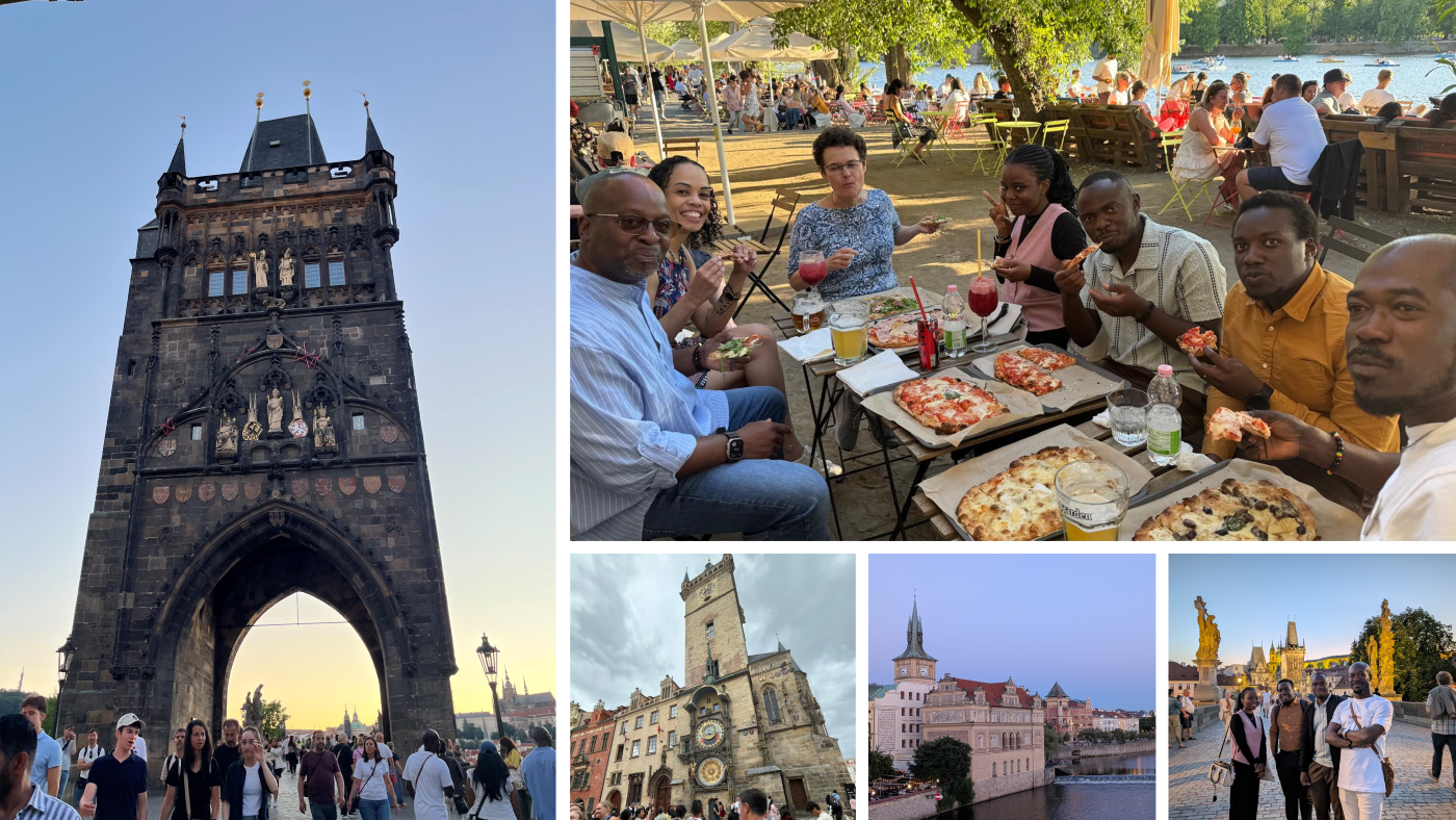 Collage of images from the bacteriophase conference in Prague including group meals and various landmarks.