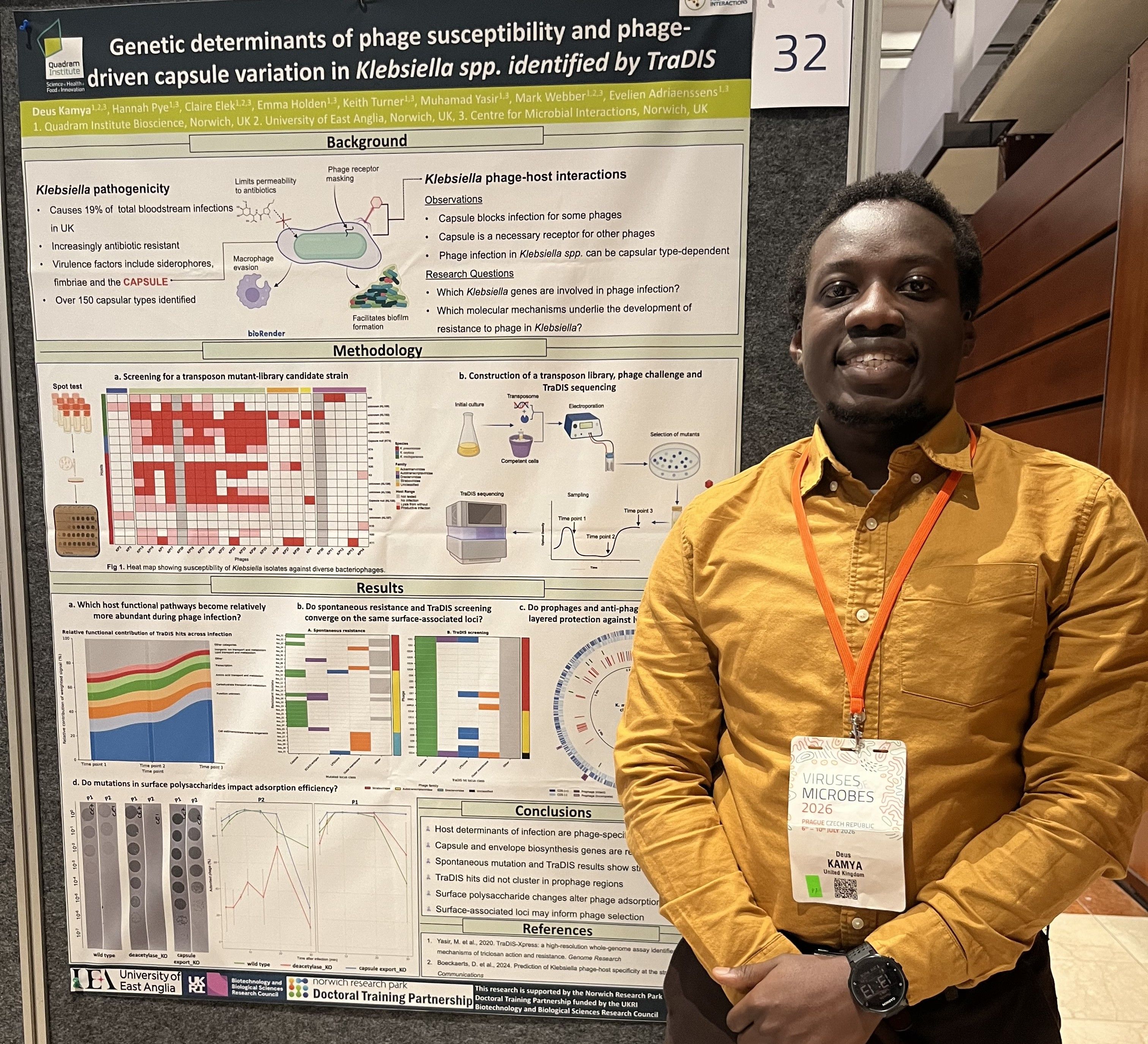 Deus Kamya standing in front of his research poster about bacteriophages