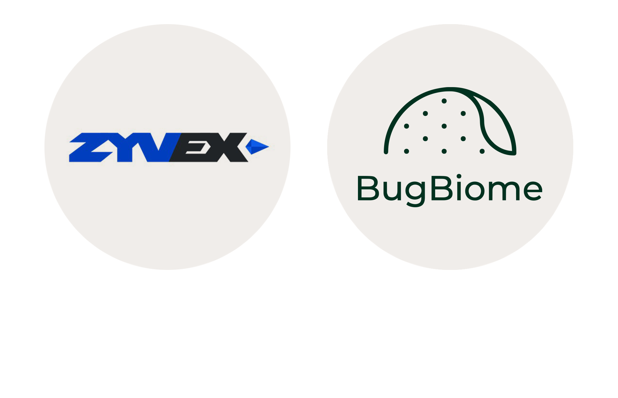 Zyvex and BugBiome company logos presented in grey circles side by side